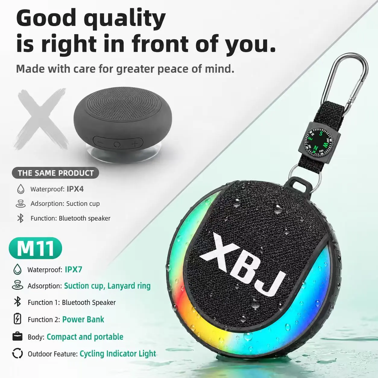 XBJ Portable Bluetooth Speaker,IPX7 Waterproof RGB Light Speaker with Compass & Lanyard for Outdoor Camping Cycling Hiking