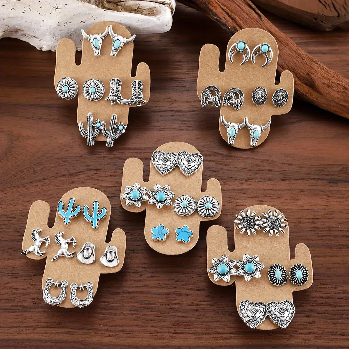 20 Pairs Bohemian 304L Stainless Steel Western Style Earrings Set Vintage Ethnic Cowboy Head Flower Horseshoe Cactus Heart-shaped Cowboy Boots Earrings Inlaid Turquoise Chic Geometry Ear Stud Vacation Travel Beach Accessories