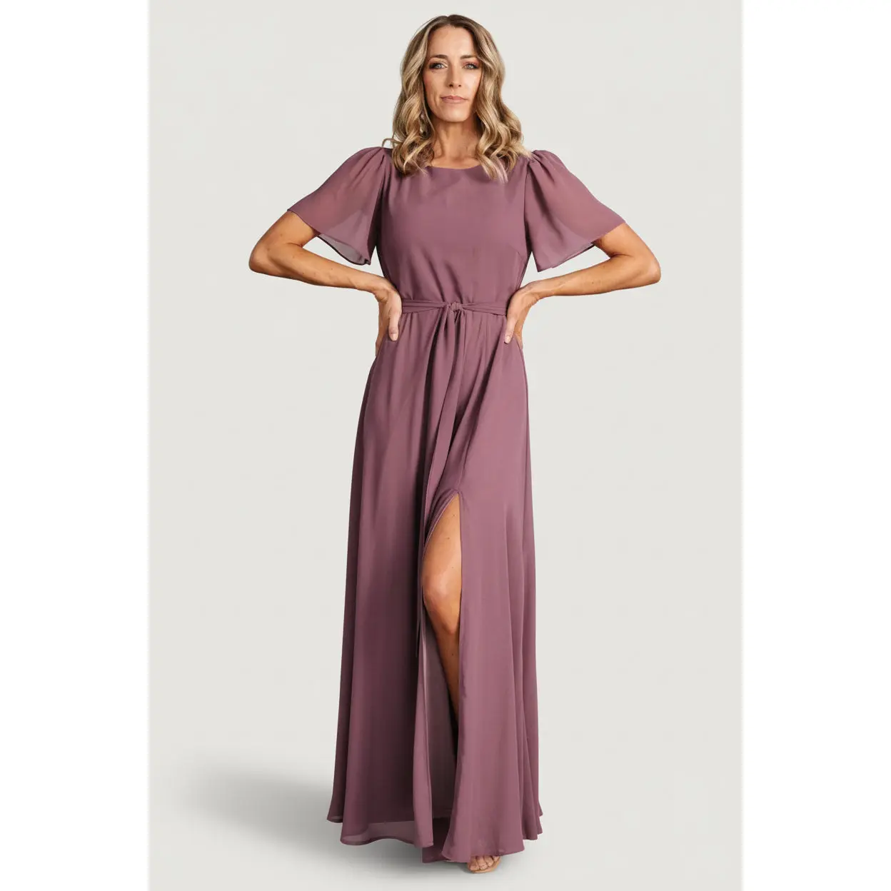 Women's Soft Chiffon Strappy Plum Vintage Short-Sleeve Maxi Dress - Polyester Elastic Garment with Flowing Skirt Drape for Baby Shower Casual Wear