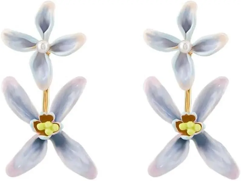 Blue Pink Lilac Flower Earrings for Women | Hand Painted Enamel Floral Dangle Earrings with 925 Sterling Silver Posts