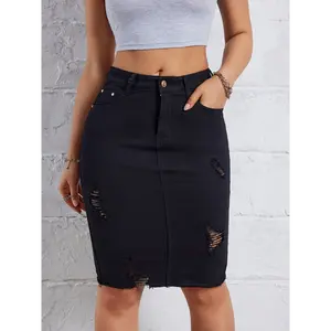Chic High-Waist Denim Skirt for Women - Slimming, Knee-Length with Side Slit, Perfect for Spring/Summer Parties