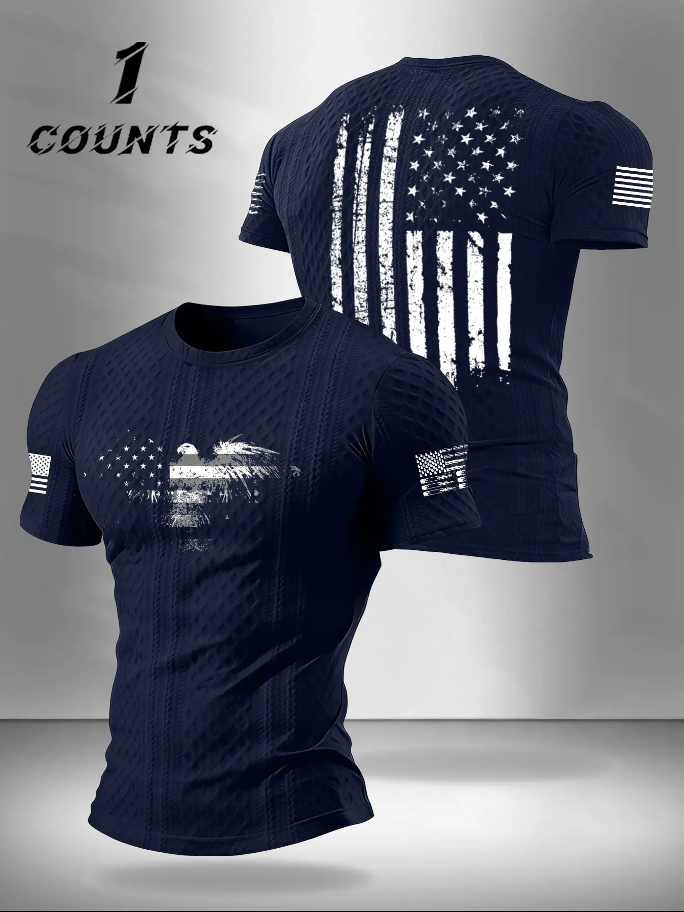 Men's Casual Classic Streetwear Textured Round Neck Fitted T-Shirt, Comfortable Breathable Fabric with Flag Eagle Design, Fashionable Multi-Color Options, Tropical