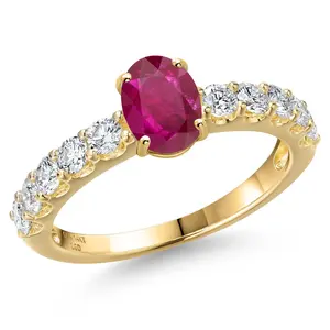 14K Yellow Gold Red African Ruby and Lab Grown Diamond Engagement Ring For Women | 1.52 Cttw | Oval 7X5MM | Gemstone July Birthstone