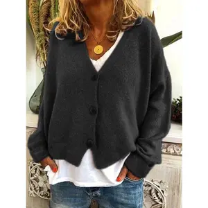 Solid-color button-up cardigan, spring and autumn casual V-neck long-sleeve cardigan, women’s clothing GARMENTARY