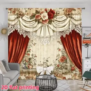 2pc, false curtain and rose flower print. Installed with pocket rods. Digital printed curtains. Suitable for living room, closet, bedroom, study, dining room and home decoration.