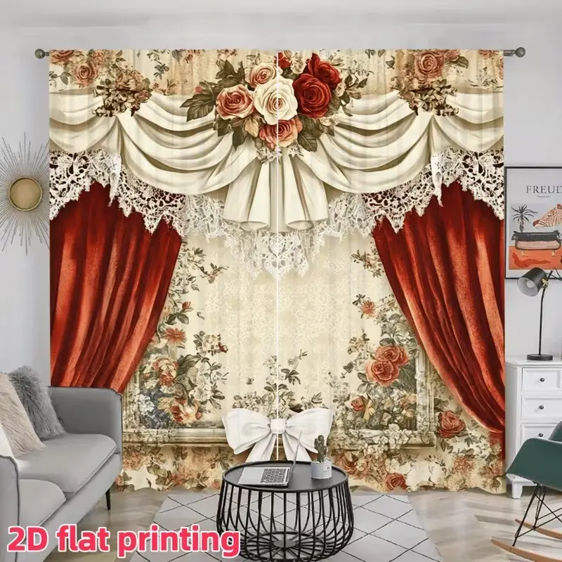 2pc, false curtain and rose flower print. Installed with pocket rods. Digital printed curtains Window Curtains. Suitable for living room, closet, bedroom, study, dining room and home decoration.