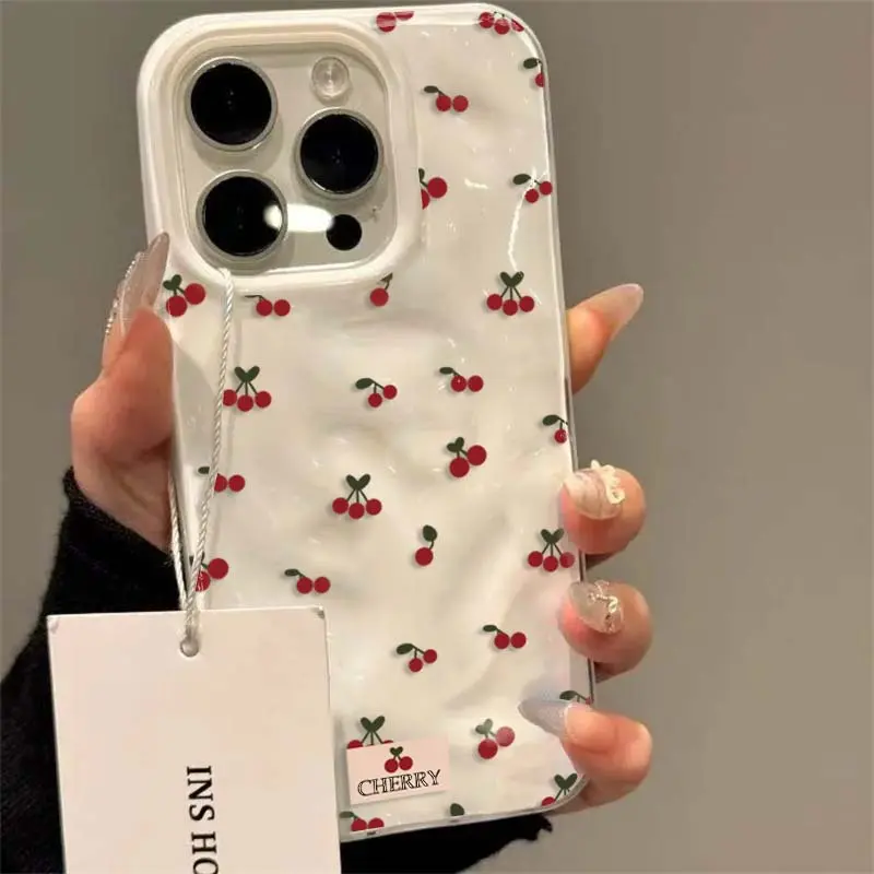 for iPhone 16 ProMax Cute Cartoon Cherry Print Decorative Art Pleated Texture White Phone Case for Iphone 17 Air 16 15 14 13 12 11 Pro Max 14 13 12 Plus 17 Pro Shockproof Soft Cover