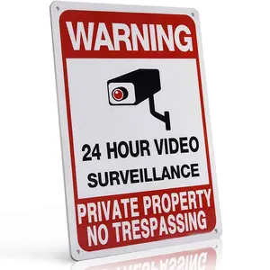 Security Alert 24 Hour Video Surveillance Private Property No Trespassing 8x12 Inch Aluminum Metal Sign Retro Tin Poster with Camera Illustration Durable Weatherproof Easy to Hang for Yard Gate and Fence