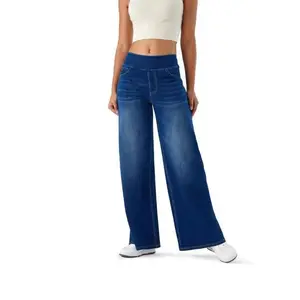 Women High Waist Pull On Wide Leg Jeans No Button Elastic Waistband Stretch Flare Denim Pants Tummy Control Casual Trouser Plus Size