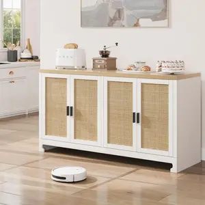 White Buffet Cabinet,Rattan Accent Storage Cabinet with 4 Doors and Shelf, Sideboard Buffet Cabinet with Storage, Modern Console Coffee Bar Cabinet for Dining Room, Kitchen, Living Room, Entryway Home Decor