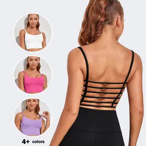 Womens Sexy Longline Sports Bra Yoga Workout Crop Tops Wirefree Padded Tank Top with Built in Bra