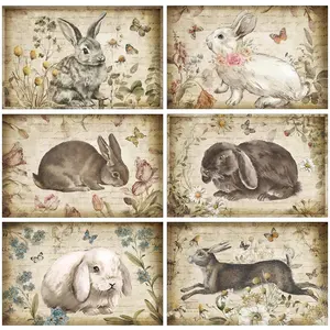 6Pcs Easter Bunny Placemats for Easter Brunch Tablescape, 12x18inch Rectangle Bunny Floral Design Table Mats Coasters for Dining Tables Easter Spring Decor Heat Resistant Rustic Tableware