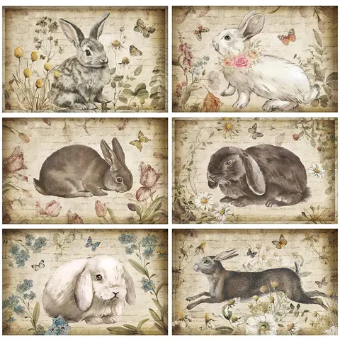 6 Pcs Retro Bunny Floral Placemats - 12x18 in Rectangle Casual Placemats & Coasters, Rustic Heat-Resistant Table Mats for Dining/Brunch Tables, Spring Summer Home Decor Vintage Tableware