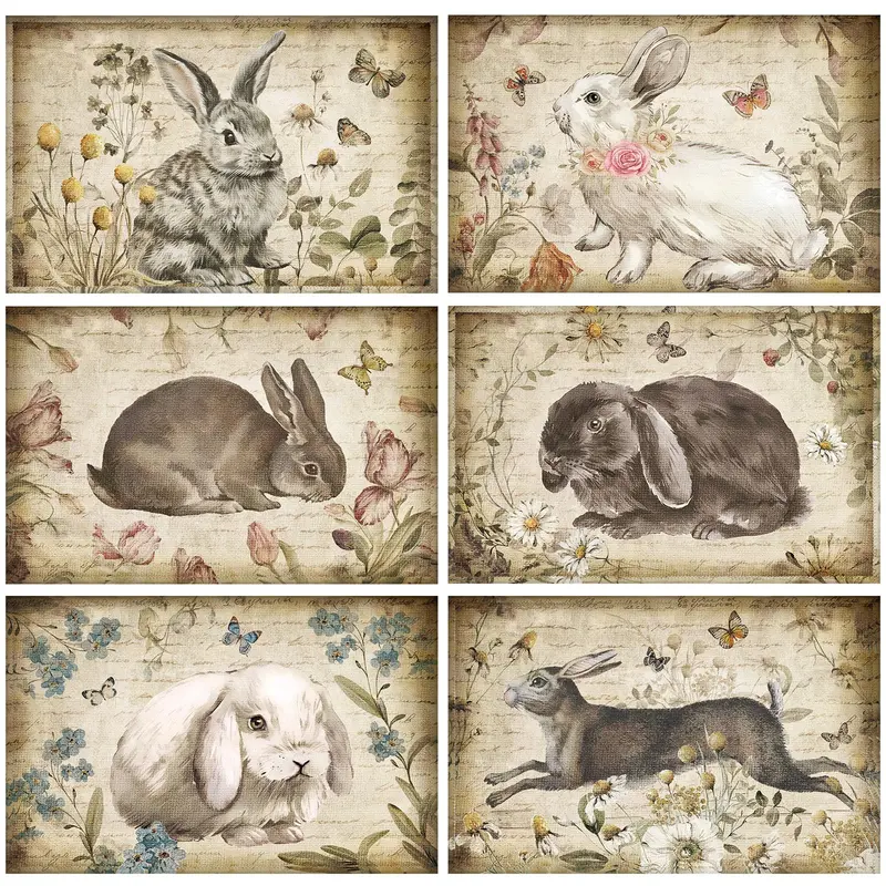 6 Pcs Retro Bunny Floral Placemats - 12x18 in Rectangle Casual Placemats & Coasters, Rustic Heat-Resistant Table Mats for Dining/Brunch Tables, Spring Summer Home Decor Vintage Tableware