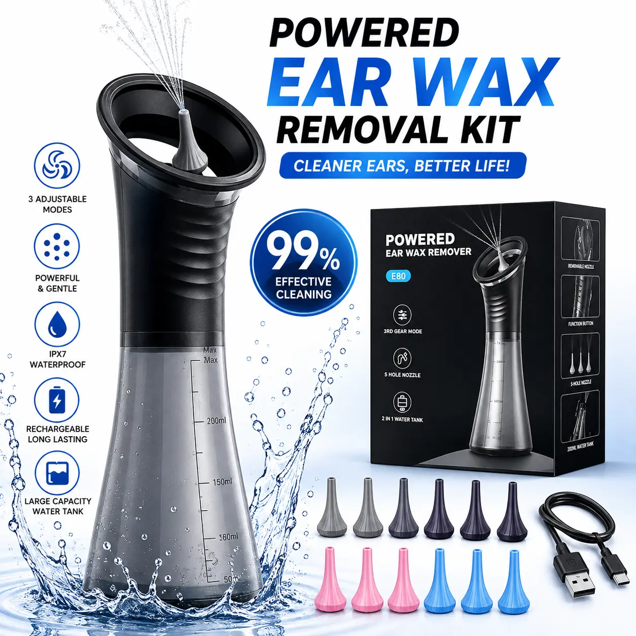 Rechargeable Electric Ear Cleaning Kit with 2-in-1 Integrated Waste Tank, 4 Pressure Settings, IP67 Waterproof Irrigation System for Daily Earwax Removal