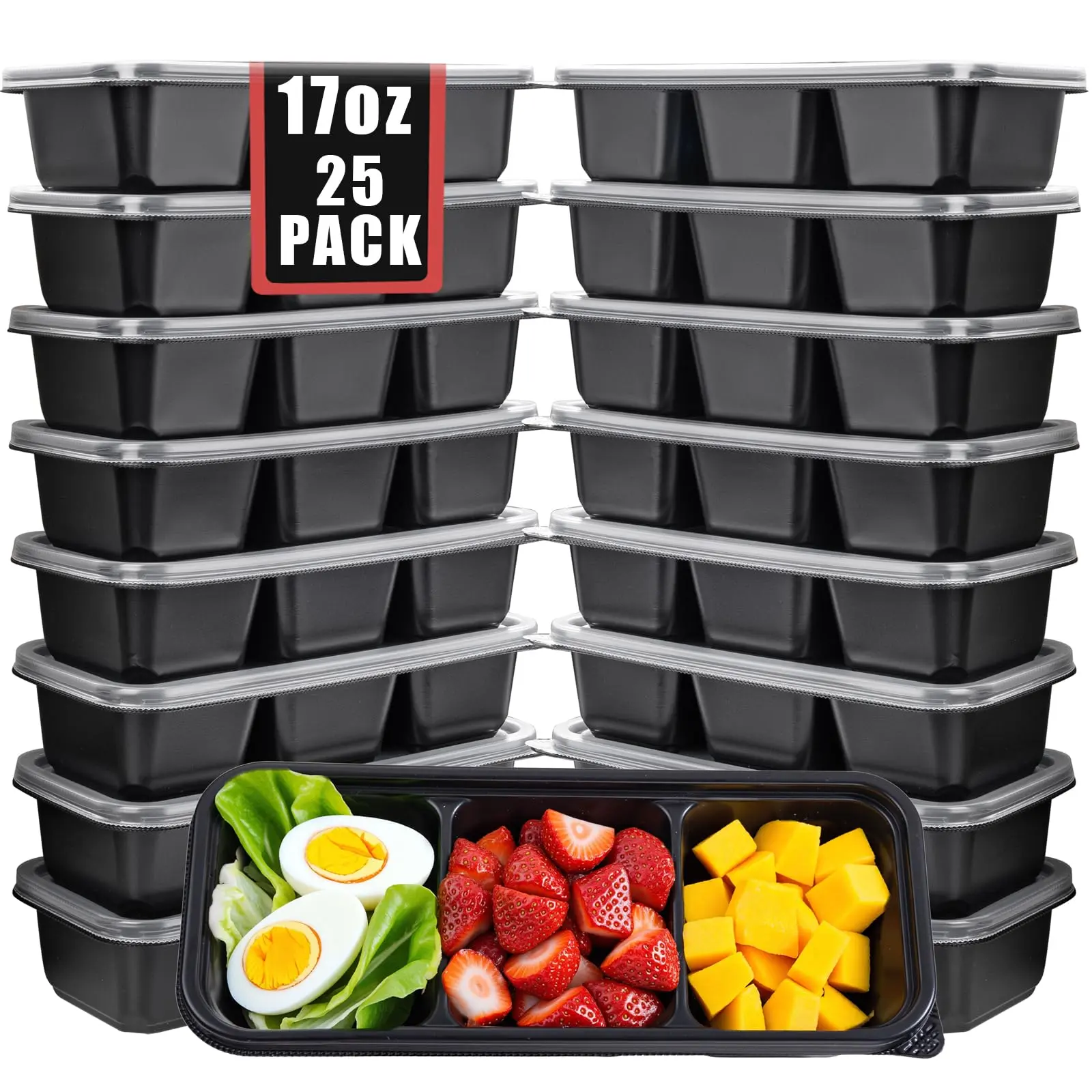 25 Pack Small Meal Prep Containers 3 Compartments with Lids - Disposable Snack Box Container - Disposable Bento Boxes - Reusable Travel Lunch Boxes for Office/Picnic/Microwave Safe cake cooky