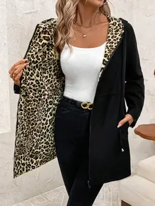 Women's Hooded Zipper Woven Fitted Jacket, Leopard Print & Solid Color Reversible Design, Casual Street Style, All Seasons Wear, Lady Tops