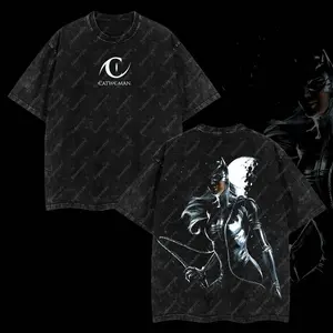 Superstyle Selina Kyle Gotham’s Feline "Cat Woman" Heroverse Edition Double Printed Oversize Lightweight Acid Washed Tee TV Series Graphic Design Top Cotton Streetwear Comic Superheroes T-Shirt Clothes Menswear Womenswear F7R