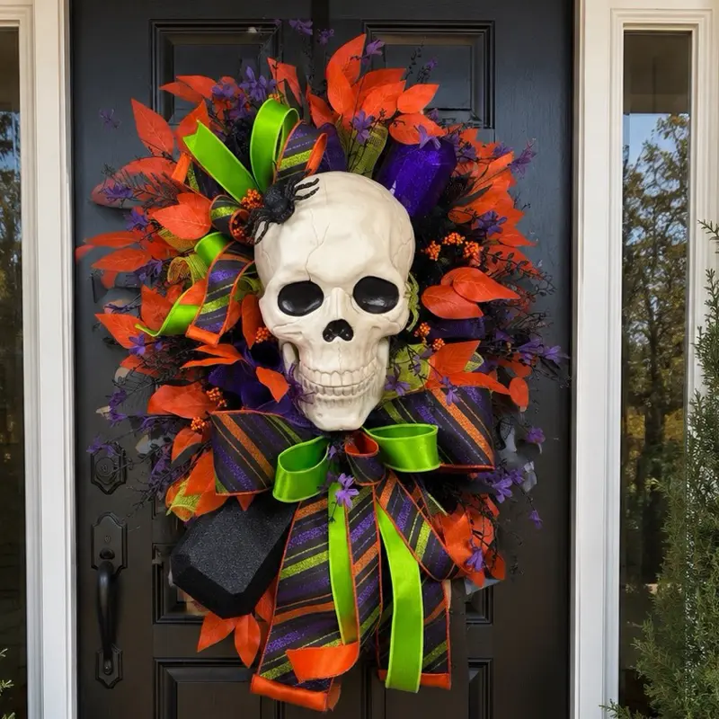 Halloween Fall Skeleton Wreath, Festive Front Door Decoration for Autumn Holiday Displays