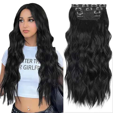 AISI HAIR Women's Fashion Heat Friendly Lightweight Synthetic Artificial Hair Extensions, 4PCS 20-24in Loose Wavy Wave Black Clip-ins for Daily Use
