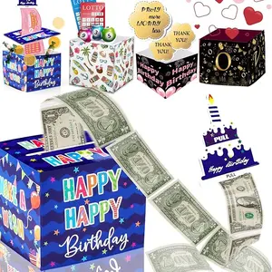[New Deal] Birthday Money Box Surprise Money Roll Gift Box with Pull Out Card and 30 Transparent Bags DIY Set, Funny Ways to Give Money (Blue)