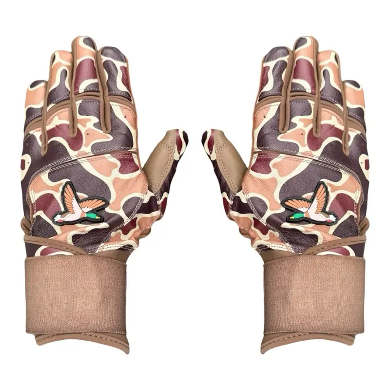 Duck Hunter Camo Long Cuff Baseball Batting Gloves with Camouflage Design and Duck Embroidery for Enhanced Grip and Comfort