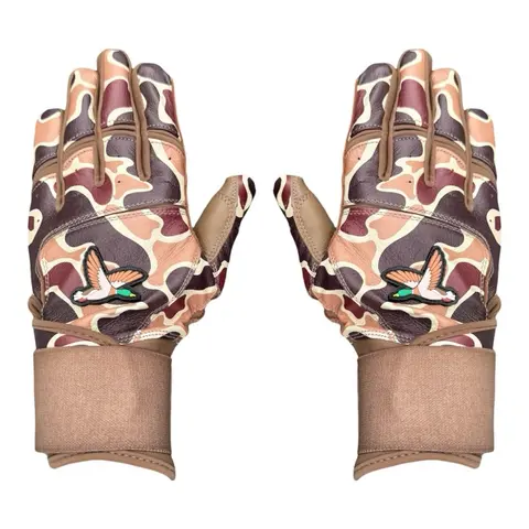 Duck Hunter Camo Long Cuff Baseball Batting Gloves with Camouflage Design and Duck Embroidery for Enhanced Grip and Comfort