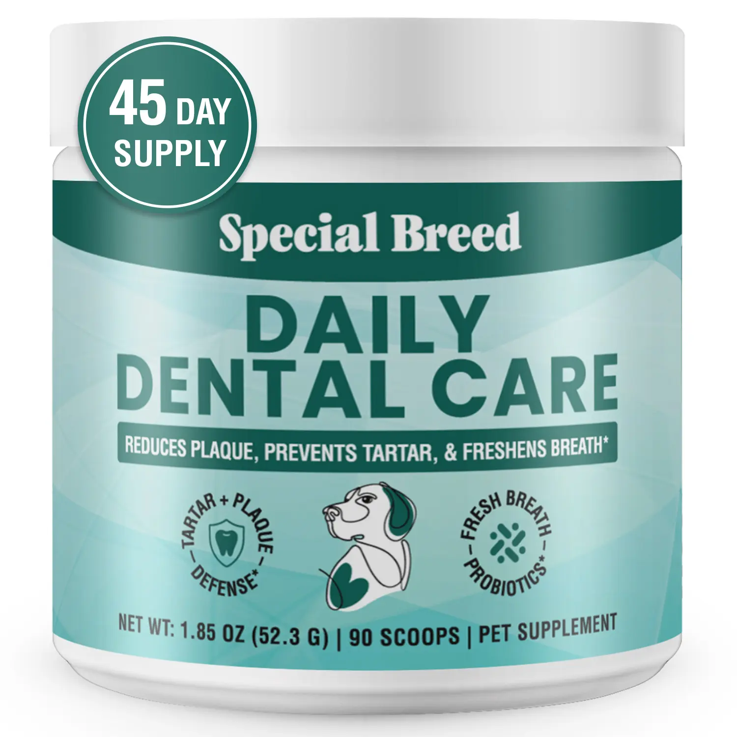 Natural Dog Dental Care Powder - Plaque Remover for Tartar Control, Fresh Breath, Gum Health - Daily Use with Zeolite, Brown Algae, Probiotics, Rosemary - 90 Scoops, Natural Dental Care, Daily Plaque Remover