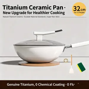 Non-stick home frying pan with titanium, no-coating ceramic non-stick flat-bottom wok suitable for gas and induction stoves, comes with a wooden spatula and cleaning cotton balls.