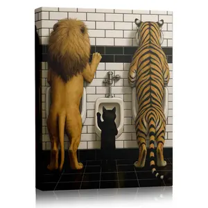 Hilarious Lion Tiger Cat Urinal Canvas Wall Art, Funny Bathroom Decor, Whimsical Animal Print, Unique Washroom Decoration Gift for Animal Lovers