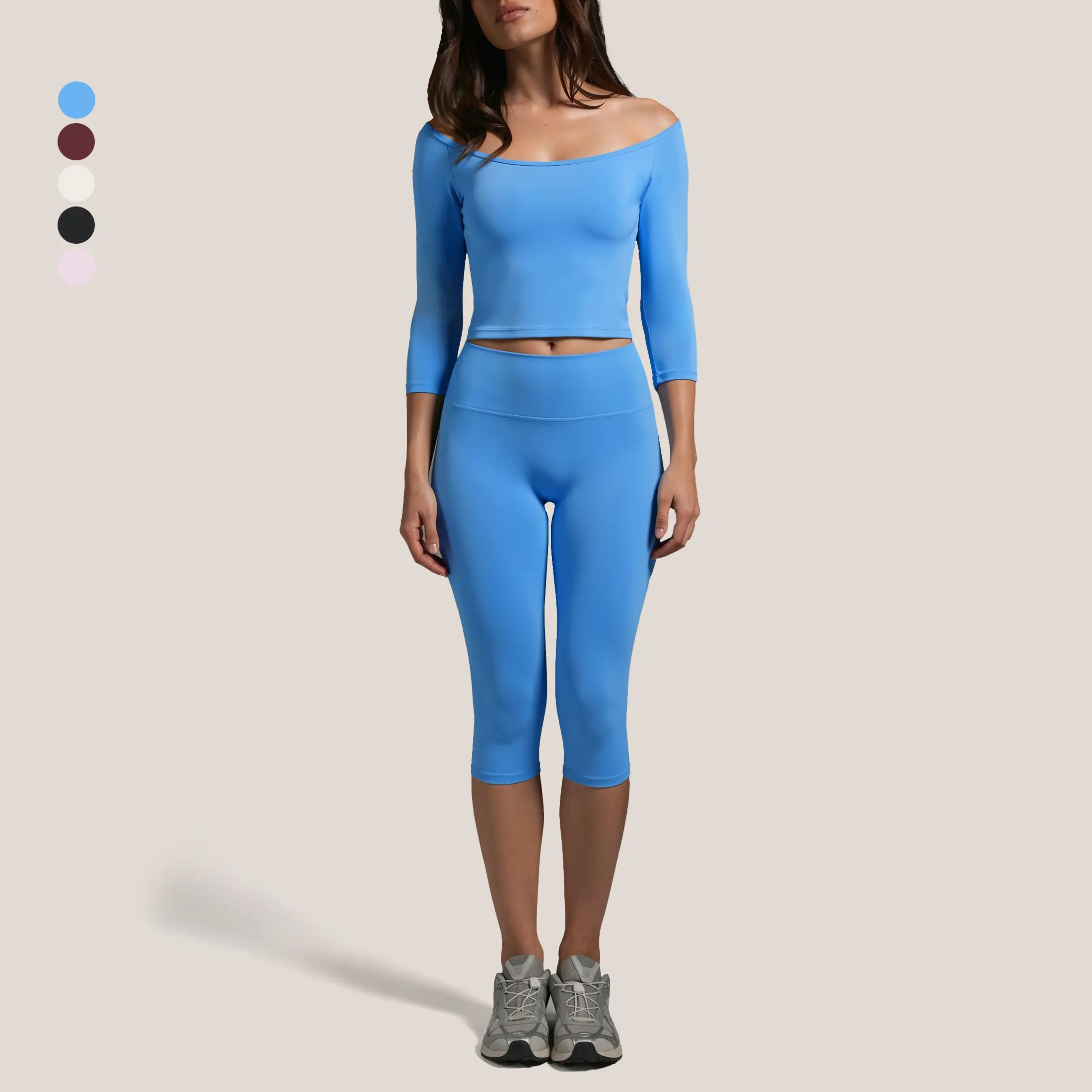 GIAFIRE Women's 2-Piece Yoga Outfit, Off-Shoulder Versatile 3/4 Sleeve Top & High Waist Butt Lifting Cropped Sports Pants. Super Stretchy, Skin-Friendly & Breathable Fitness Set for Pilates, Gym and Daily Casual Wear