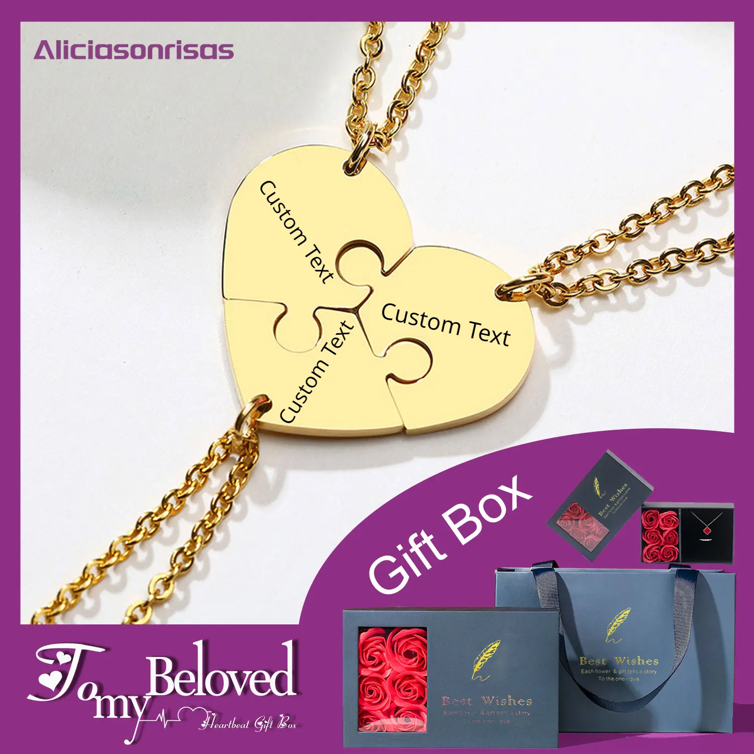 PB014 Customized Engraved Men's and Women's Friendship Necklace Stainless Steel Heart-Shaped Puzzle Pendant Holiday Gift