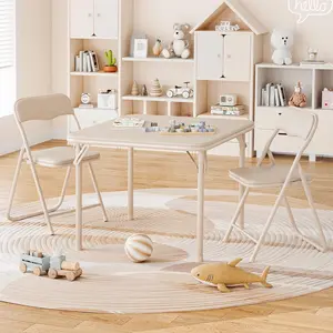 【Christmas Gift】Boys and Girls Folding Table and Chairs Set of 3, Portable Table and Chair with PU Soft Cushion,Suitable for Eating,Reading and Playing-Beige