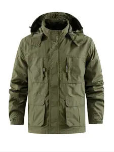 Men's Outdoor Multi-Pocket Work Jacket, Lightweight Windbreaker with Detachable Hood, Hiking Camping Travel Coat, Daily Outdoor Wear, Outdoor Zipper Jacket