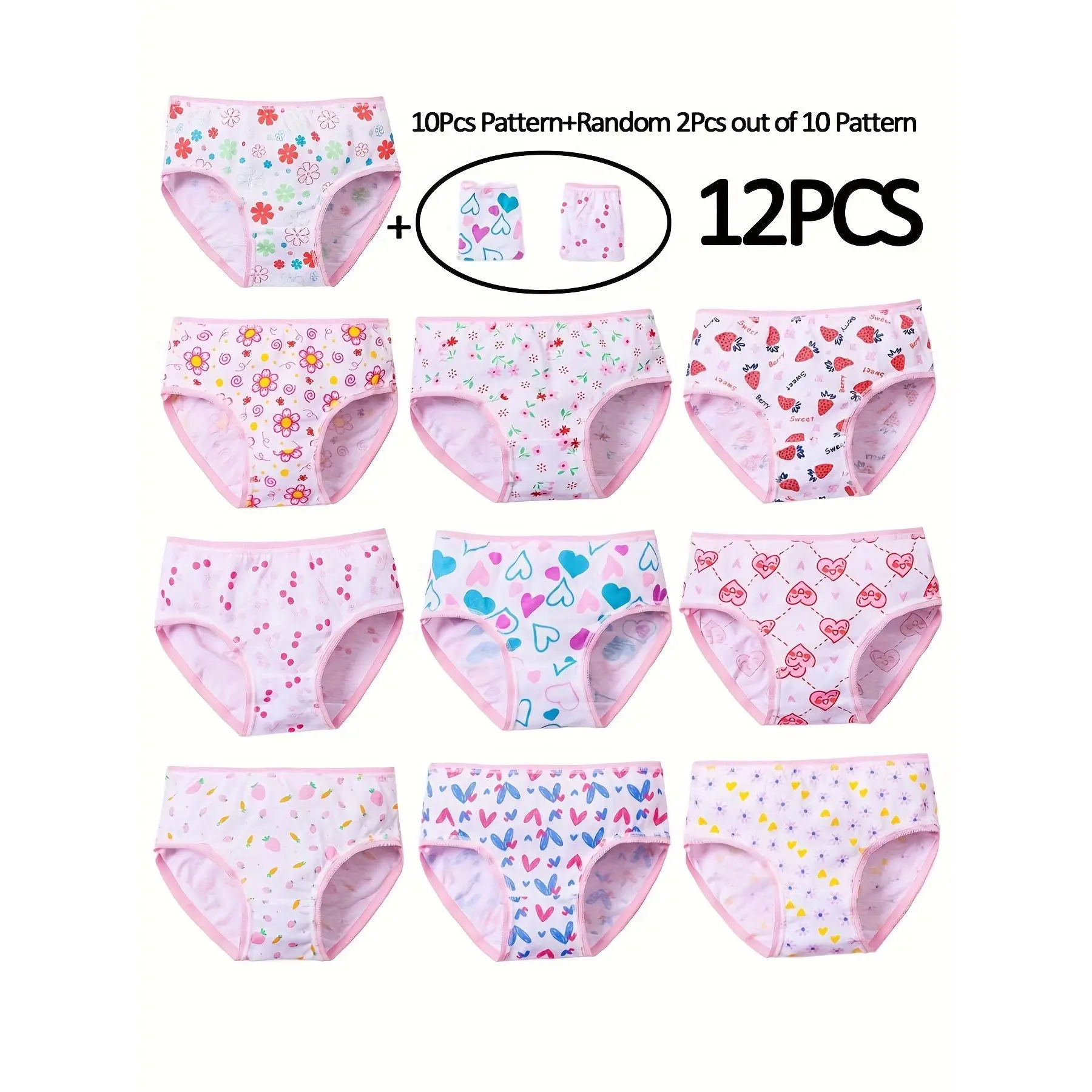 12pcs Soft & Comfy Briefs - Cute Printed Designs, Cotton Blend, Mid Rise, Regular Fit, Random Patterns, Perfect for Youngster Knit Medium Panties Womenswear Mixed Color Fabric-DMA