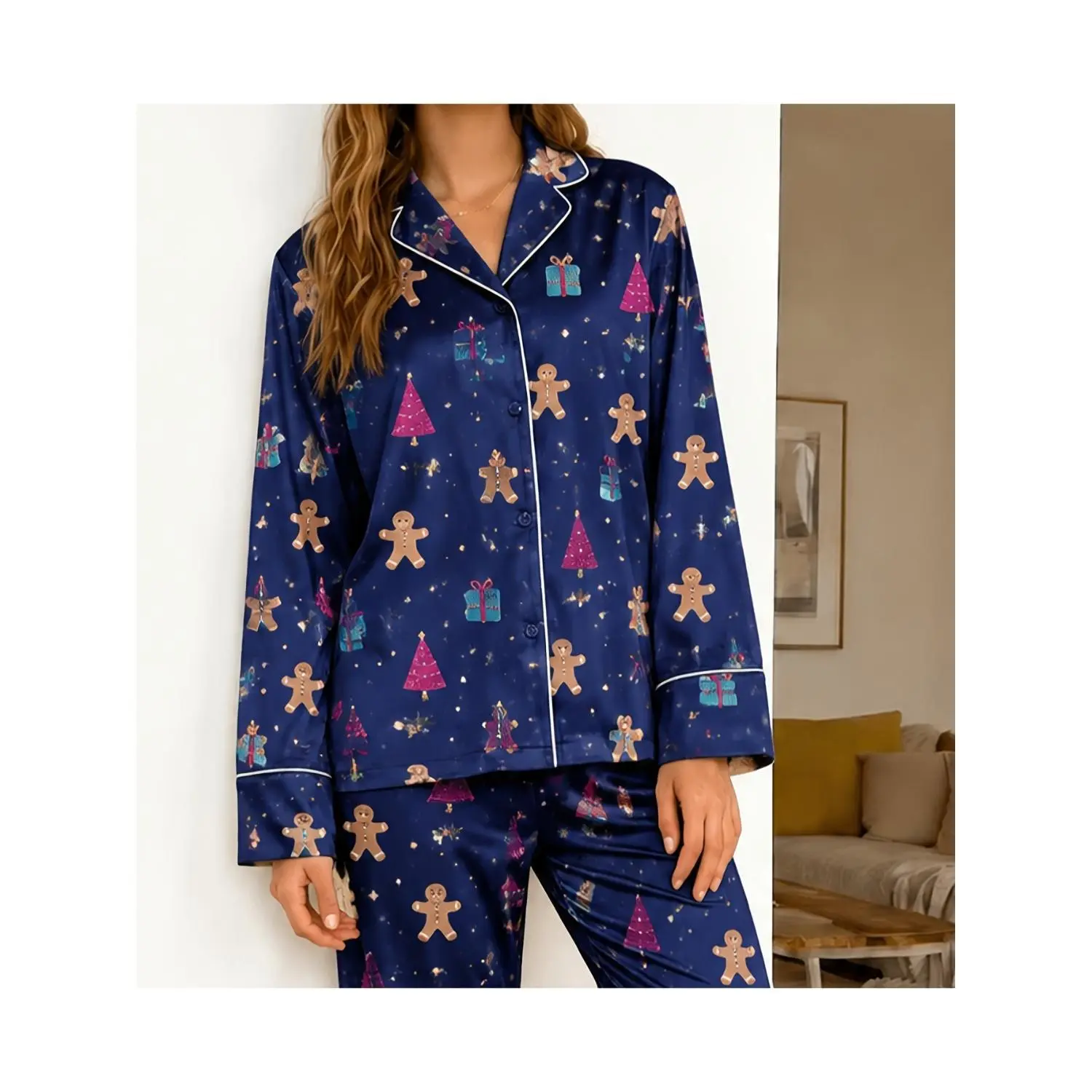Festive Women's Gingerbread Print Long Sleeve Pajama Set - Christmas Button-Down Sleepwear 2-Piece Loungewear