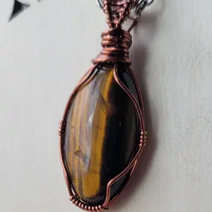 Tigers eye wire wrap crystal pendant, handcrafted, copper wire