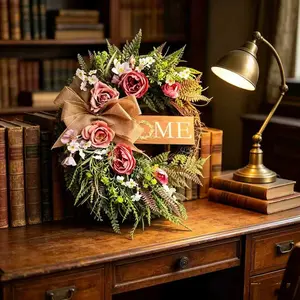 Neutral Color Farmhouse Style Wreath with Peony Flowers, Home Signboard, Hemp Cloth Bow, All-Season Decor for Porch, Living Room, Entryway