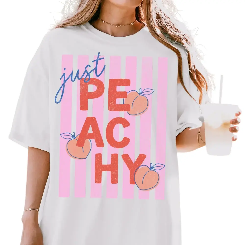 Just Peachy Cute Peach Graphic Tee - Retro Summer Fruit Lover T-Shirt Fit Casual Round Neck Top