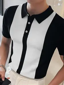 Men's Colorblock Polo Shirt, Skin-Friendly Breathable Fabric, Vintage Striped Design, American Casual Style, Daily Wear, Commuter Fit