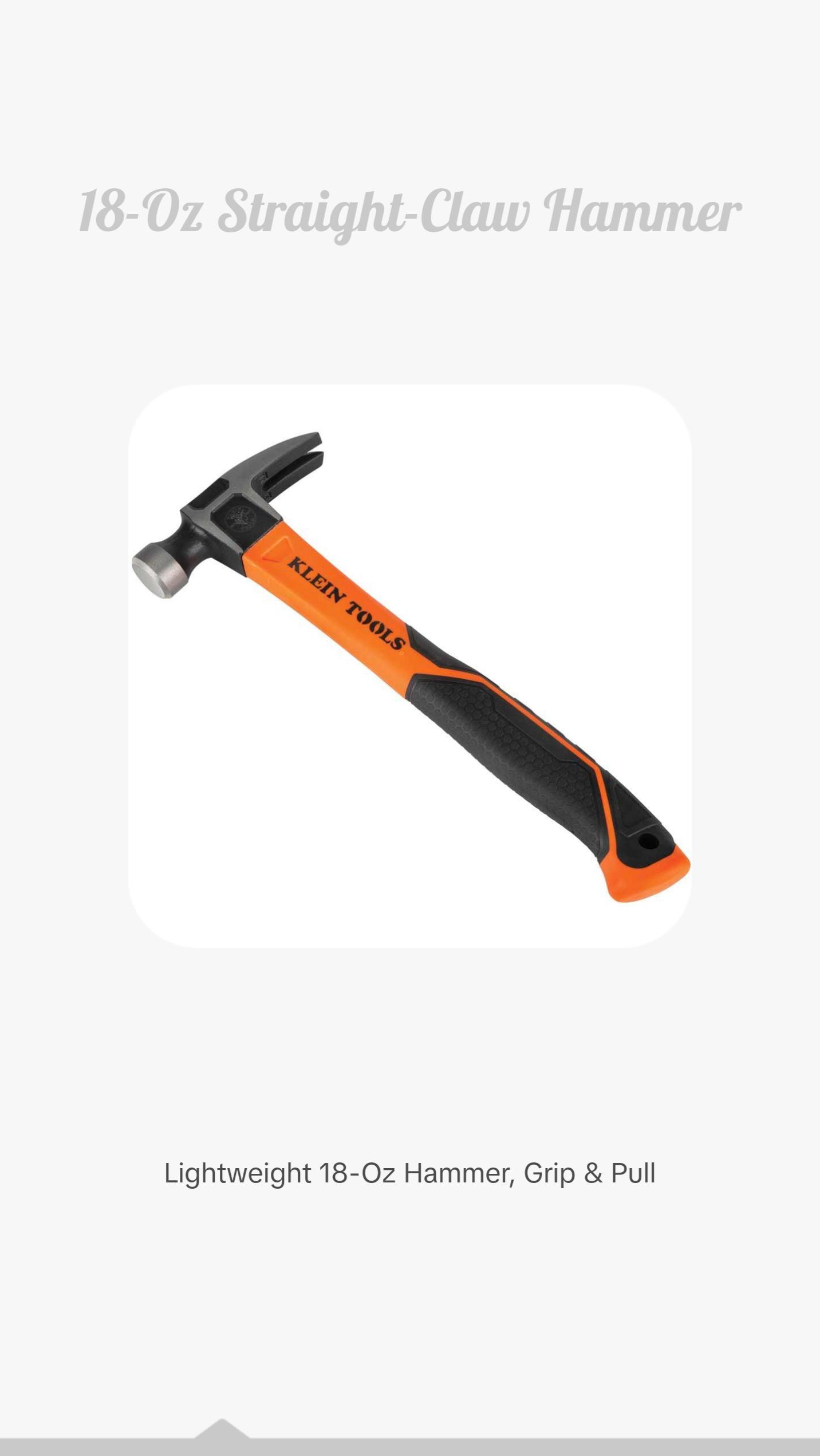 Klein Tools H80718 Straight-Claw Hammer, 18-Ounce, 15-Inch