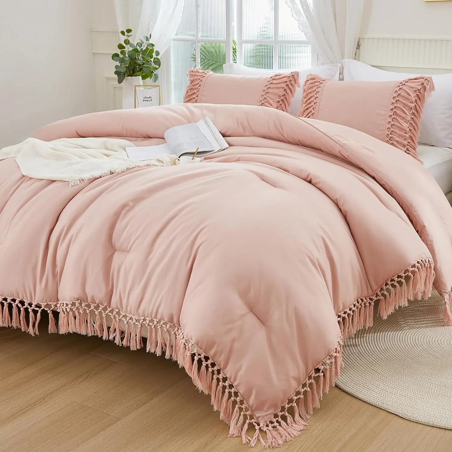 Pink Comforter Queen, 3 Boho Tassel Lightweight Comforter Sets, Fluffy Fringe (90x90In Comforter  2 Pillowcases)