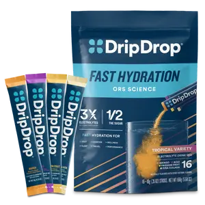 DripDrop Tropical Variety Pack Electrolyte Powder, 8 oz sticks, 16 count