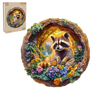 Raccoon on Vacation Wooden Jigsaw Puzzle for Adults and Kids Unique Shape Animal Wood Puzzles Challenging Puzzle, Family Game Creative Gifts，Laser-Cut Durable HDF Wood Puzzle