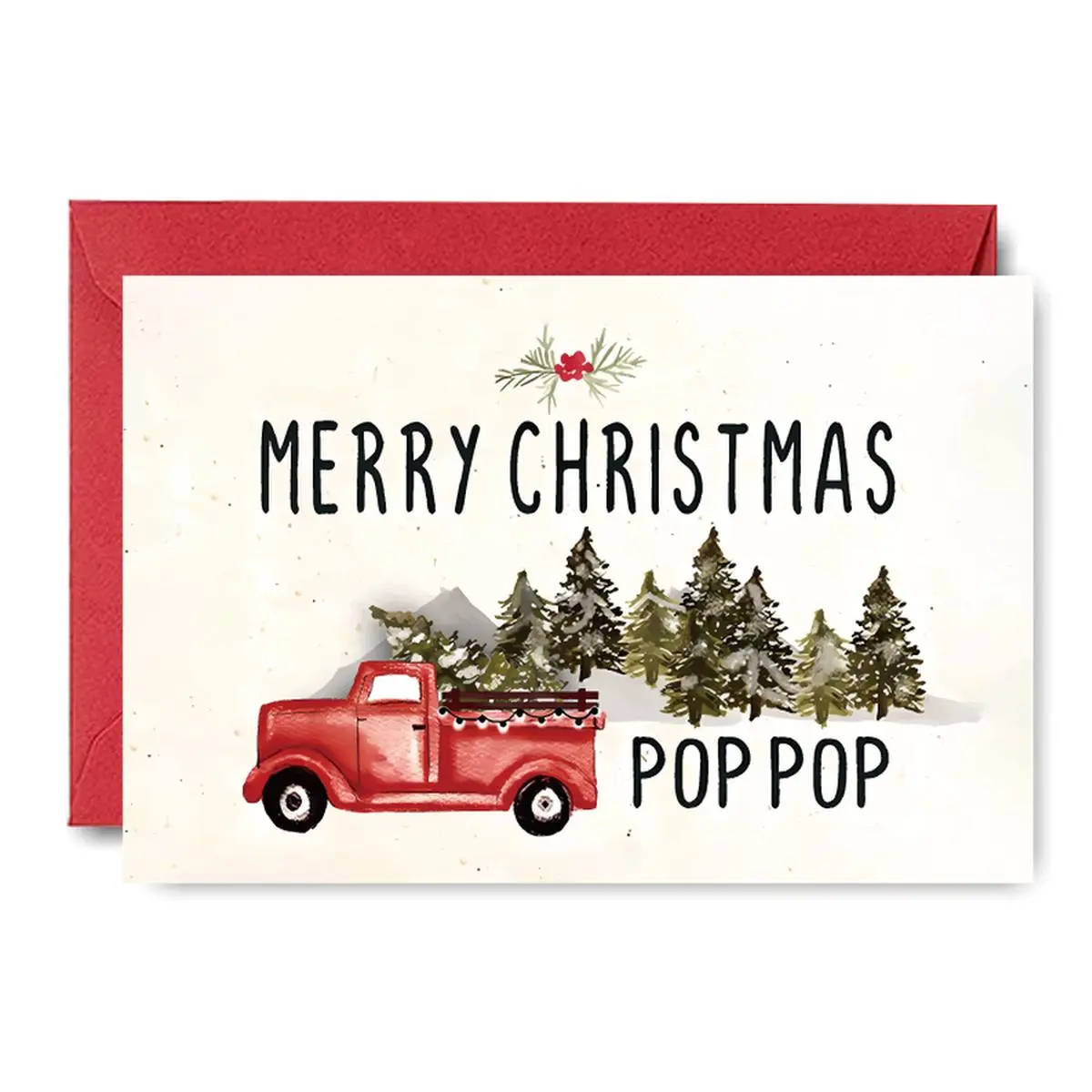"POP POP" Vintage Truck Christmas Card - Red Pickup with Lit Tree | Pine Forest & Berry Wreath Design, "MERRY CHRISTMAS" Typography, Suitable for Rustic Holiday, Car Lovers Gifts
