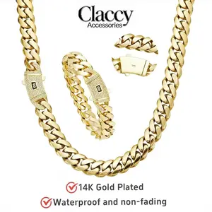 10mm-14mm 14K Gold-Plated Cuban Necklace & Bracelet Set Hypoallergenic Anti-Rust Comfortable Multiple Sizes 10/12/14mm Waterproof Fade-Resistant Versatile Style Ideal Gift Choice Daily Wear Elegance jewelry set