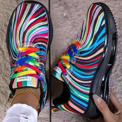 Women's Cute Neon Glow-in-the-Dark Rainbow-Striped Casual Trainers - Round Toe Lace-Up Below the Ankle Athletic Footwear, Lightweight with Arch Support, All-Seasons PVC-Rubber Grip Sole, Casual Fashion for Gym, Travel