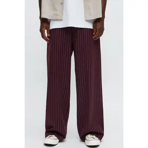 Wide Leg Straight Striped Trousers - Burgundy