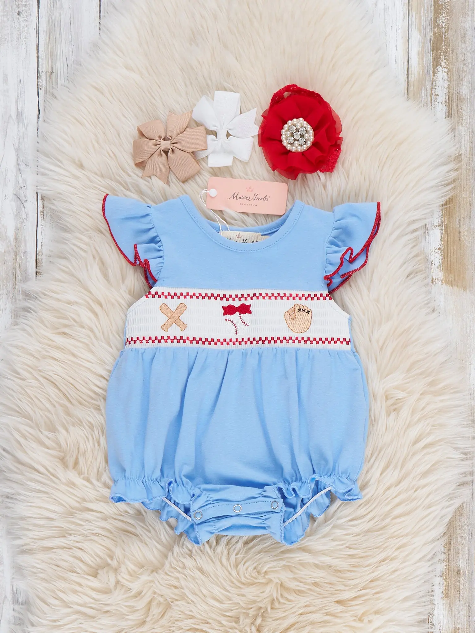 Home Run Batter Smocked Cotton Ruffle Bubble Romper