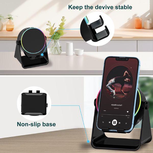 【Valentine's Day gift】Lentorgi 5-in-1 Wireless Induction Bluetooth Audio Speaker, Phone Stand Ambient Light, Surround Sound 360° Rotation Rechargeable Hands-Free Calls For Bedroom, Office, Kitchen, Camping, Yoga, Cooking Gifts for Men, Women, Elderly